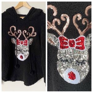 Chance Or Fate Black Sherpa Reindeer Sequined Christmas Hoodie Top Womens Large
